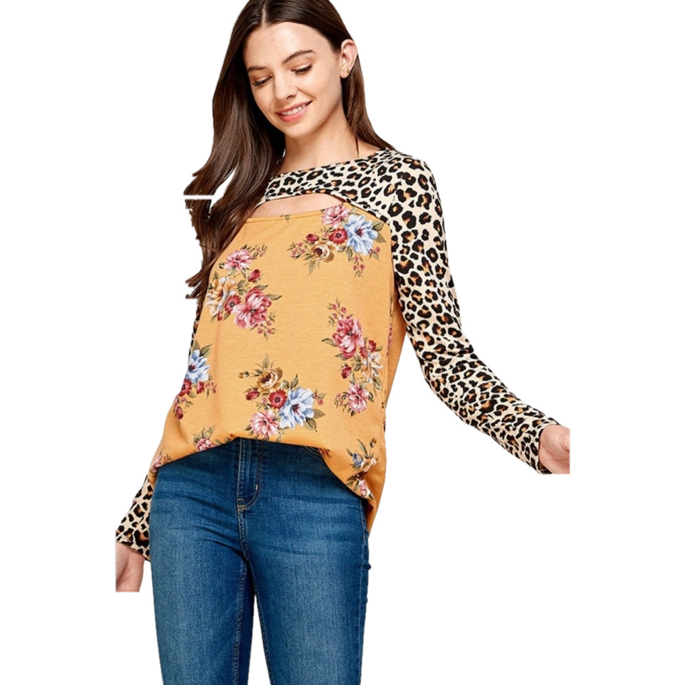 653 ❤️ 1X PLUS SIZE MUSTARD LEOPARD ACCENT VINTAGE FLORAL KNIT TOP